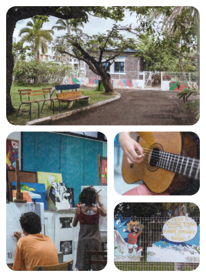 Collage photo: art school, guitar, painting workshop