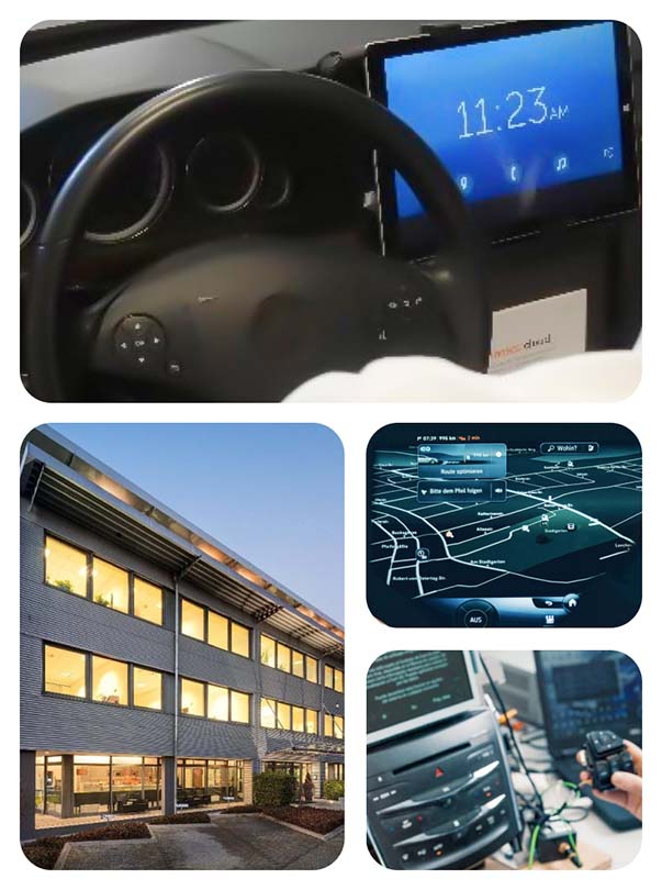 Collage: car dashboard user interface, computers and device, office building