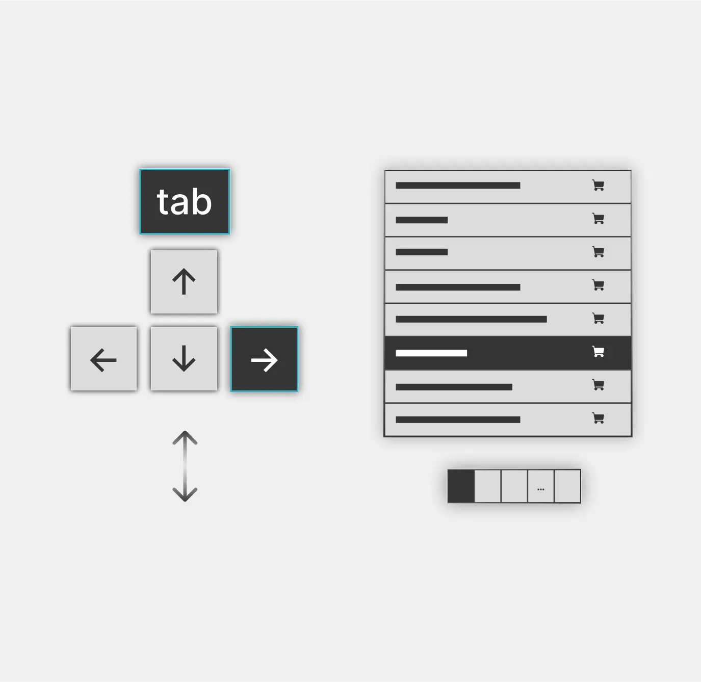 Keyboard directional keys and tab key next to a list.